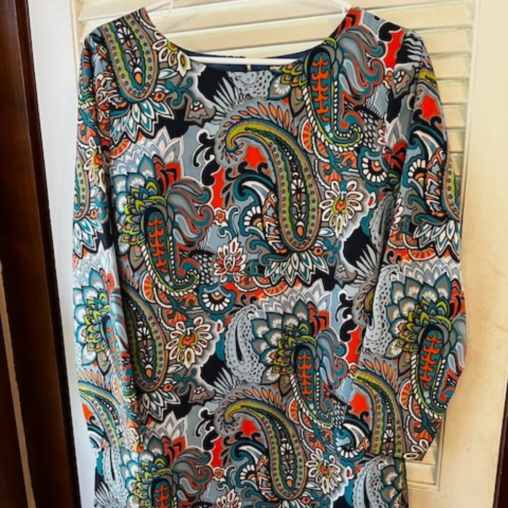 J. Crew Paisley Long Sleeve Dress in Teal, Orange, Black